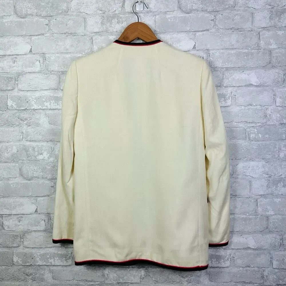 Vintage Christian Dior Linen Blend Jacket Size 6 Cream Black Red Classic Prep